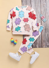 Toonyport Boys' Cute Puzzle Printed Comfy Sweatshirt with Jogger Set