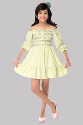 Toonyport Solid Design Off Shoulder Lycra Frock Dress for Girls - Light Green