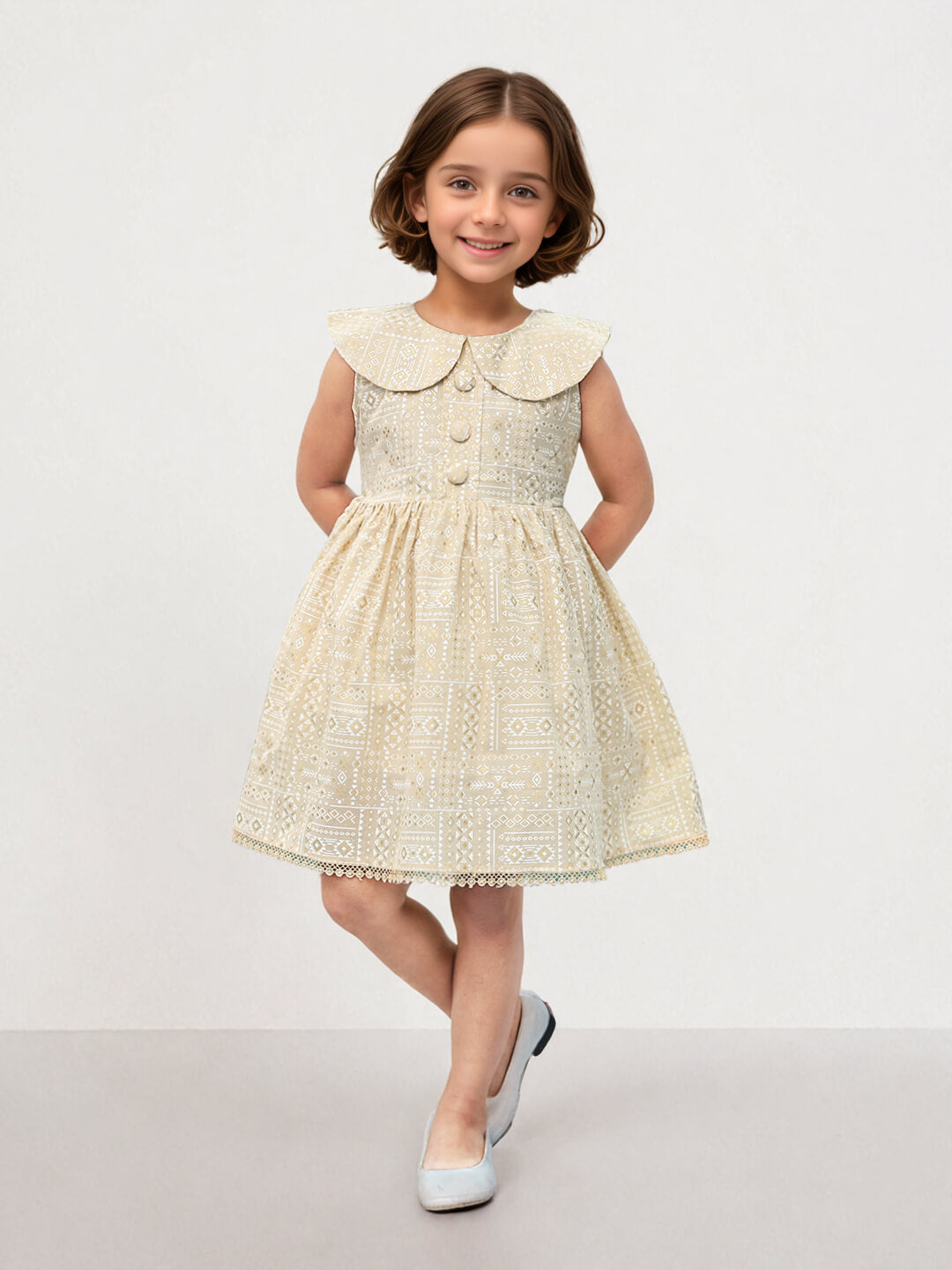 Toonyport Cotton Beige Fit & Flare Dress for Girls