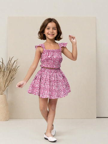Toonyport Girls' Printed Cotton Skirt and Top Set