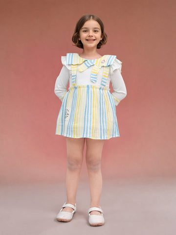 Toonyport Striped Kids' Pinafore Dress with Ruffled Collar