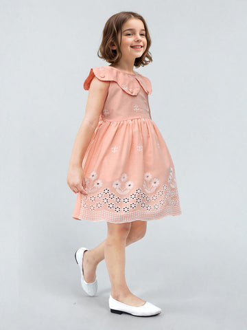 Toonyport Cotton Peach Fit & Flare Dress for Girls