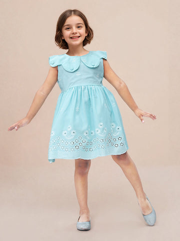 Toonyport Cotton Blue Fit & Flare Dress for Girls