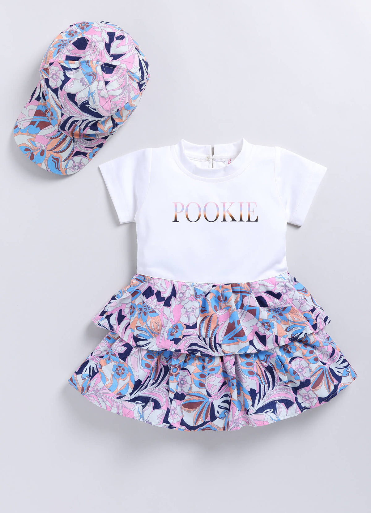 Toonyport Girls' Floral Tiered Dress with Matching Cap