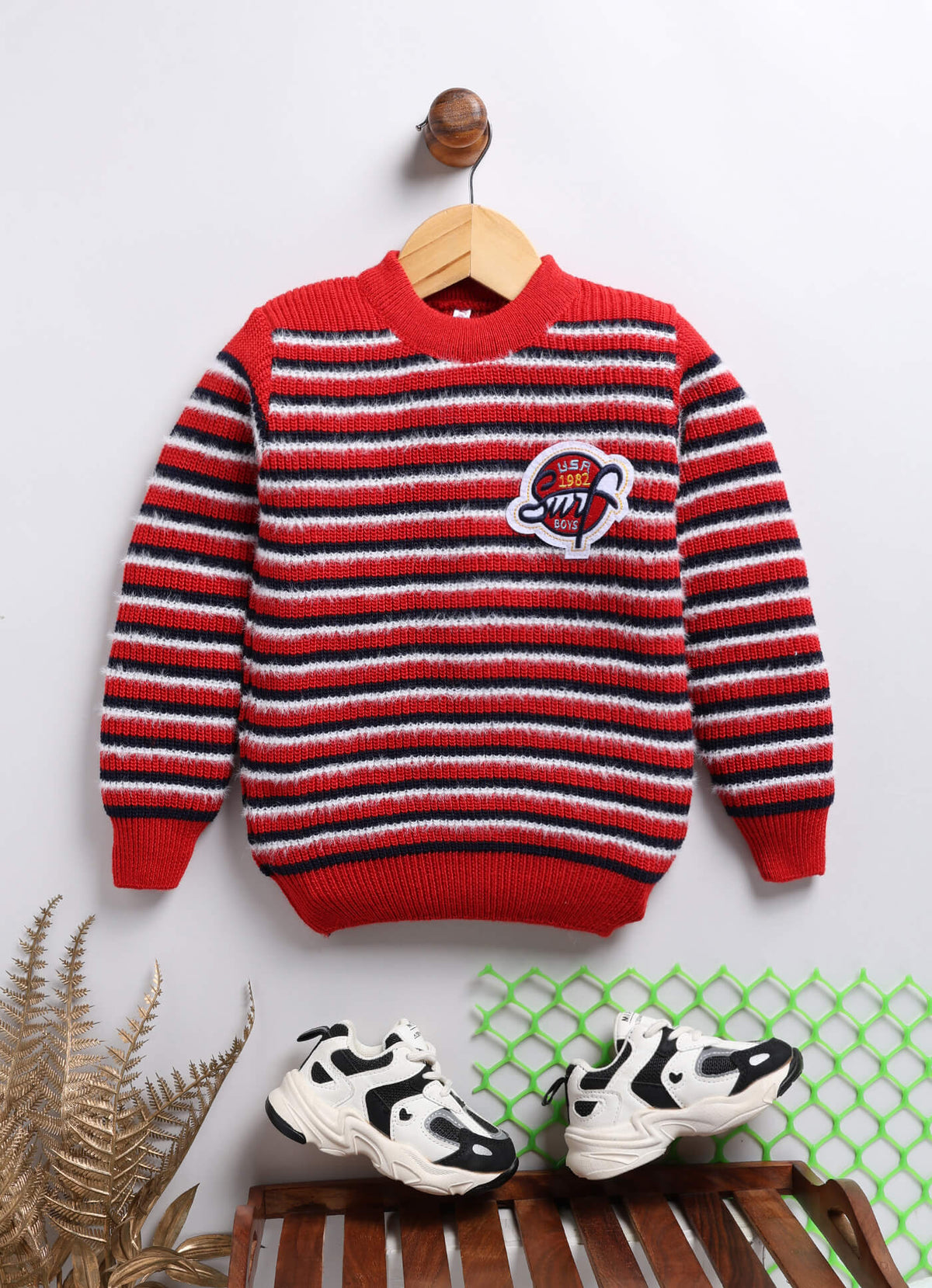 Toonyport Trendy Red Striped Woolen Sweater