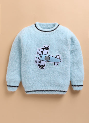 Toonyport Blue Solid Woolen Sweater with Cute Aeroplane Patch