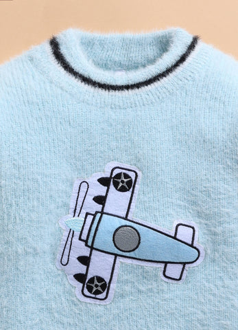 Toonyport Blue Solid Woolen Sweater with Cute Aeroplane Patch