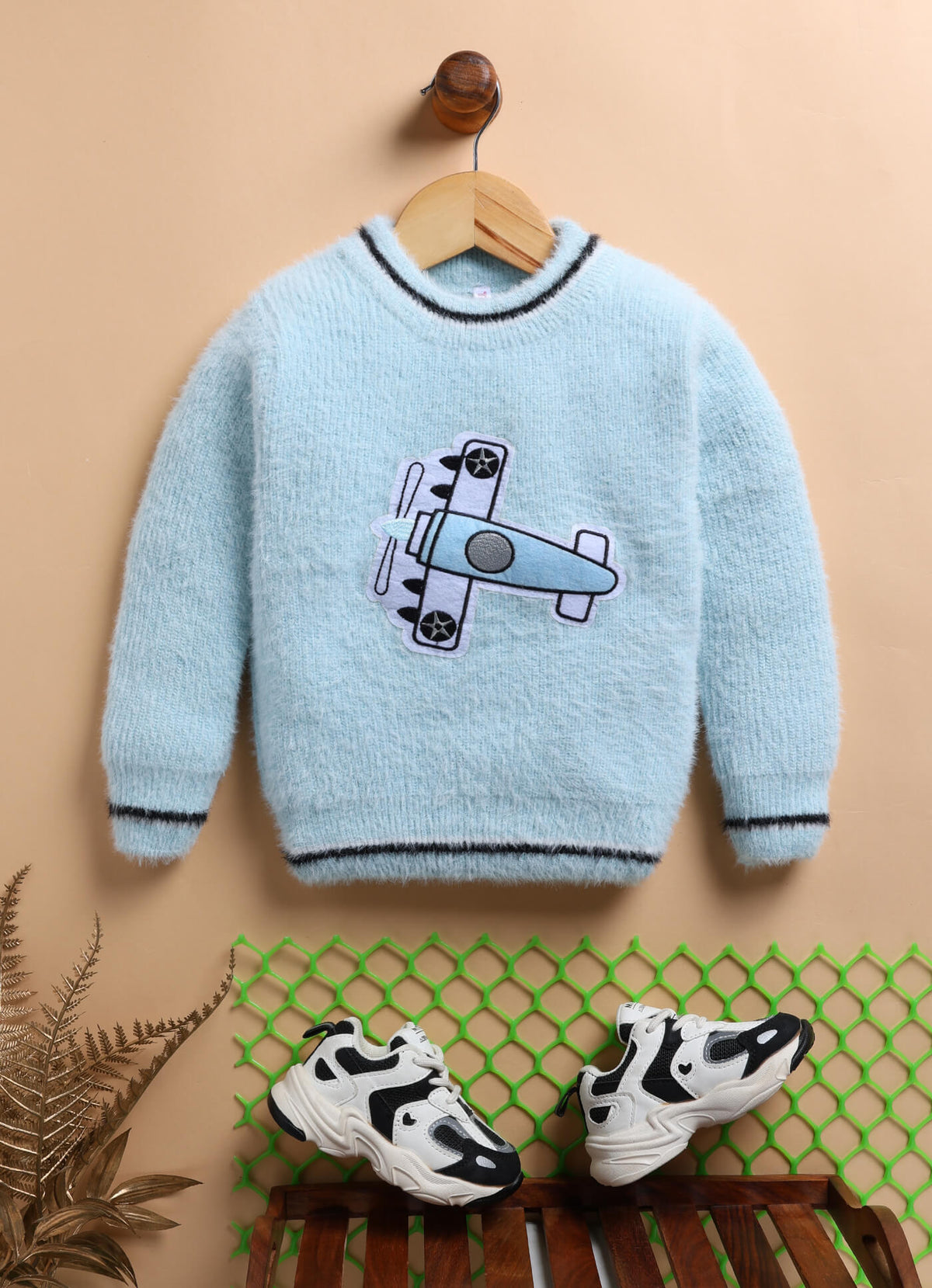 Toonyport Blue Solid Woolen Sweater with Cute Aeroplane Patch