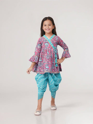 Girls Printed Kurta With Dhoti Pant Set