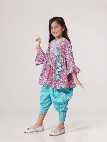 Girls Printed Kurta With Dhoti Pant Set