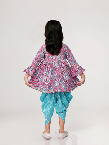 Girls Printed Kurta With Dhoti Pant Set