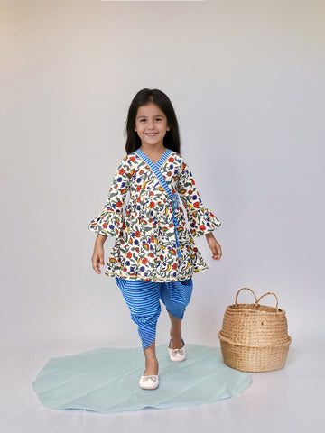 Girls Printed Kurta With Dhoti Pant Set